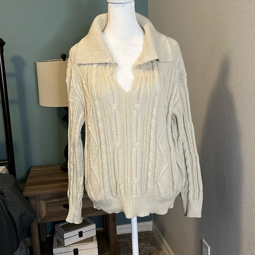 Princess Polly Symons Cream VNeck Cable Knit Collared Sweater Size S/M